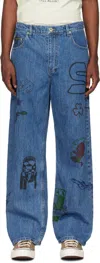 Small Talk Studio Ssense Exclusive Blue Hand Drawn Jeans In Washed Indigo