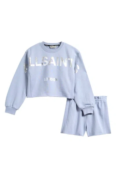 Smallsaints By Allsaints Kids' Biggie Oversized Cotton Graphic Sweatshirt & Ruffle Shorts Set In Blue
