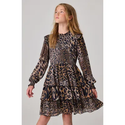 Smallsaints By Allsaints Kids' Leopard Print Tiered Long Sleeve Dress In Brown