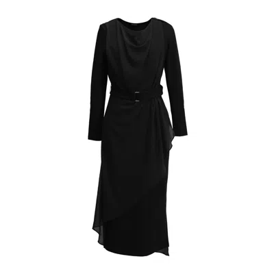 Smart And Joy Women's Asymmetrical Fitted Dress Mixing Chiffon And Jersey - Black