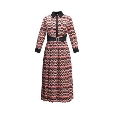 Smart And Joy Women's Bi-material Pleated Shirt Dress With Appliqué Belt & Herringbone Print In Multi