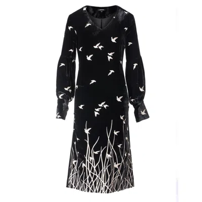 Smart And Joy Women's Black Golden Embroidery Velvet V-neck Dress
