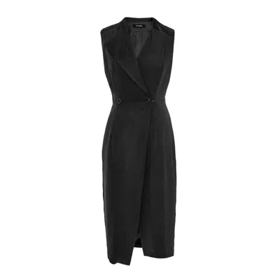 Smart And Joy Women's Black Tailor Wrap Effect Dress With Topstitched Collar