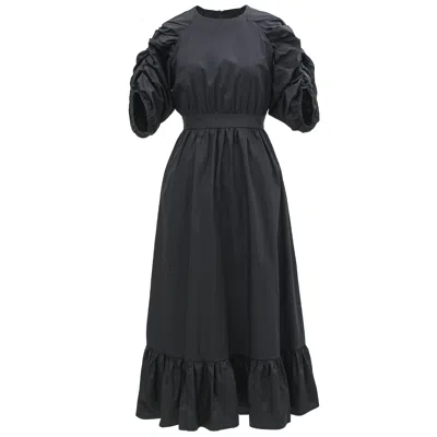 Smart And Joy Women's Black Trapeze Dress With Puffed Sleeves