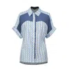 Smart And Joy Women's Blue Color Block Short Sleeves Shirt With Geometric Print In Blue