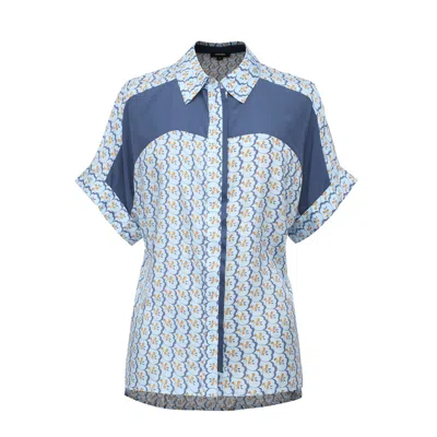 Smart And Joy Women's Blue Color Block Short Sleeves Shirt With Geometric Print