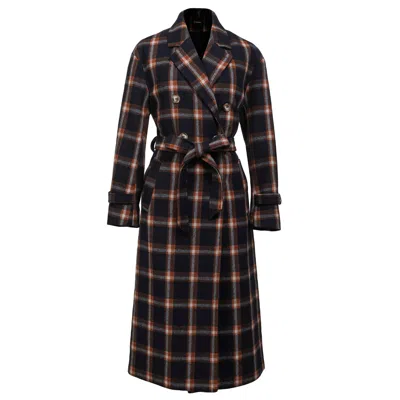 Smart And Joy Women's Blue Double Breasted Checks Coat - Navy