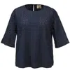 Smart And Joy Women's Blue Eyelet Cotton Lace Loose Blouse - Navy