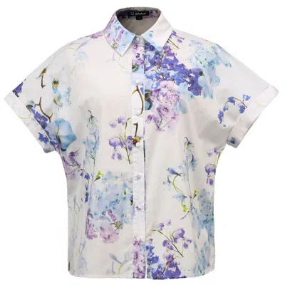 Smart And Joy Women's Blue Macro Floral Print Short Sleeves Shirt