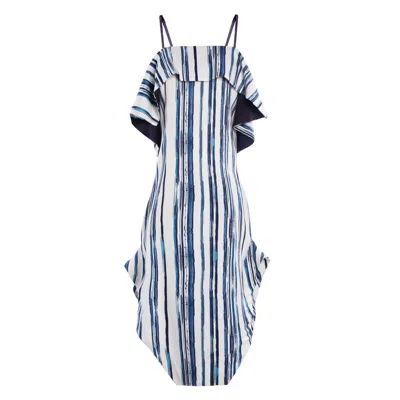 Smart And Joy Women's Blue Stripe Print Cold Shoulder Dress