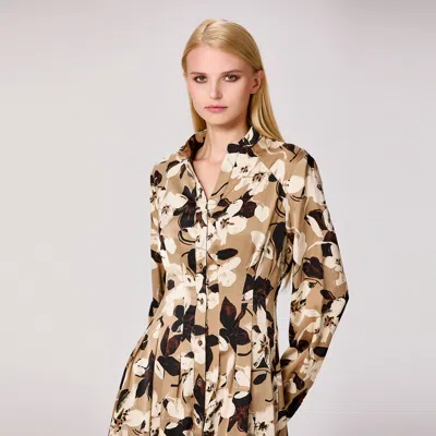 Smart And Joy Women's Brown Macro Flower Print Shirt Dress - Beige
