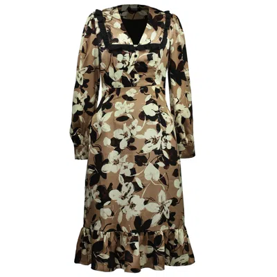 Smart And Joy Women's Brown Ruffle Collar Macro Flower Print Dress - Beige In Multi