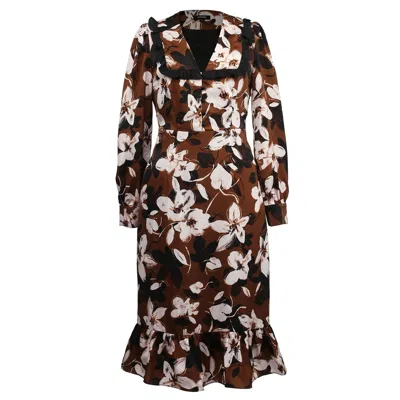 Smart And Joy Women's Brown Ruffle Collar Macro Flower Print Dress - Coffee