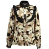 Smart And Joy Women's Brown Ruffle Macro Flower Print Shirt - Beige In Black