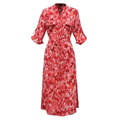 Smart And Joy Women's Classic Shirt Dress With Abstract Print  - Red & Pink