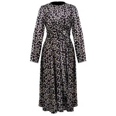 Smart And Joy Women's Flared Printed Satin Dress With Side Knotted Panel - Blue And White