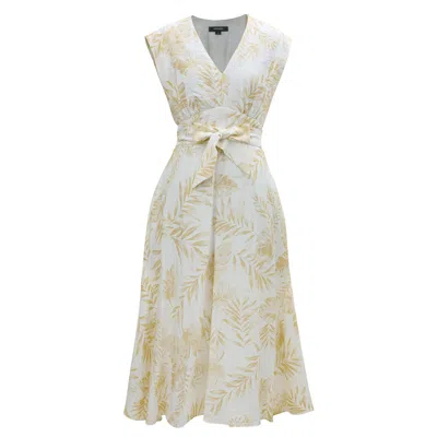Smart And Joy Women's Gold Tropical Print Sleeveless Midi Dress