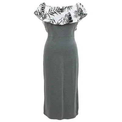 Smart And Joy Women's Grey Bi-material Bodicon Dress With Off-shoulder Printed Ruffle