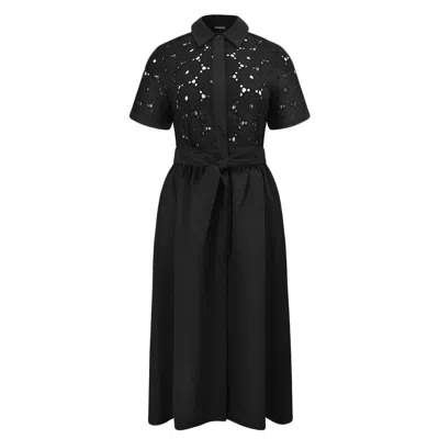 Smart And Joy Women's Lace And Cotton Shirt Dress With Belt  - Black In Multi