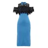 Smart And Joy Women's Lace On Top Cold Shoulders Fitted Dress Blue In Blue