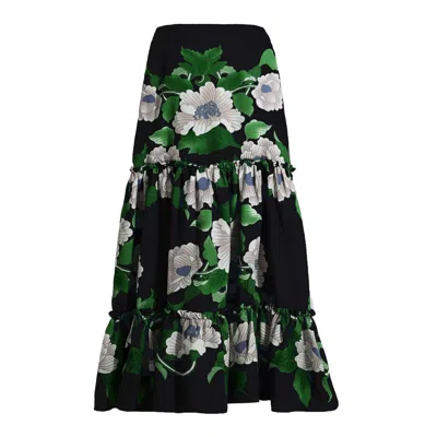 Smart And Joy Women's Long Flower Print Tiered Skirt - Green