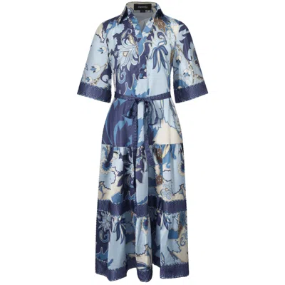 Smart And Joy Women's Midi Shirt Dress With Artistic Print And Tied Belt - Blue