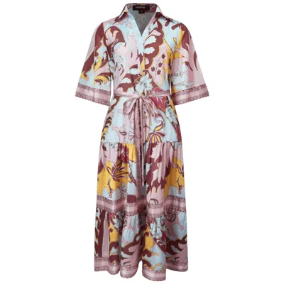 Smart And Joy Women's Midi Shirt Dress With Artistic Print And Tied Belt - Pink In Multi