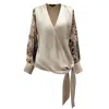 Smart And Joy Women's Neutrals Cross Heart Top With Floral Print Sleeves