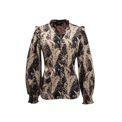 Smart And Joy Women's Neutrals V-neck And Ruffle Blouse With Vintage Print In Brown