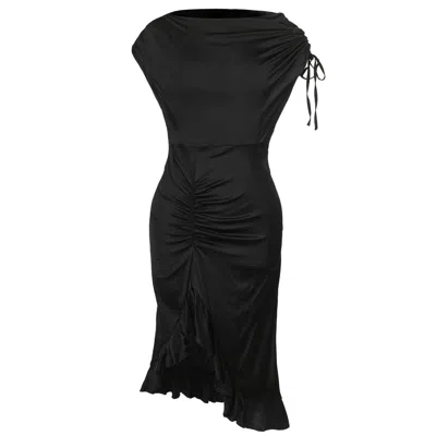 Smart And Joy Women's One Shoulder Off And High Ruffle Slit Fitted Dress - Black