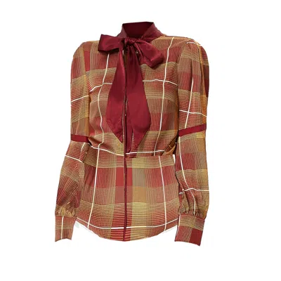 Smart And Joy Women's Red Bow-tie Tartan Print Shirt