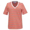 Smart And Joy Women's Red V Neck Stripes Cotton T-shirt - Coral & White In Red