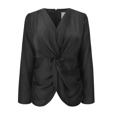 Smart And Joy Women's Satin Blouse With Twisted Bow – Long Sleeves - Black