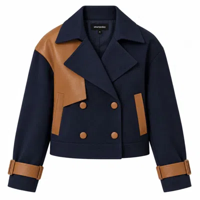 Smart And Joy Women's Short Double-breasted Trench Coat With Contrasting Panels - Blue