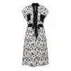 Smart And Joy Women's White Bi-material Dress With Monochrome Floral Print And Drawstring Belt In White