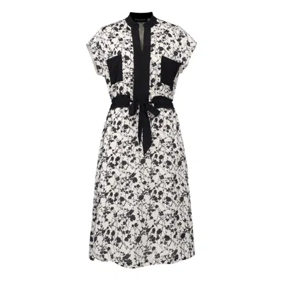 Smart And Joy Women's White Bi-material Dress With Monochrome Floral Print And Drawstring Belt