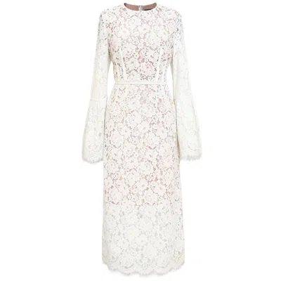 Smart And Joy Women's White Bustier Lines And Tulip Sleeves Lace Dress
