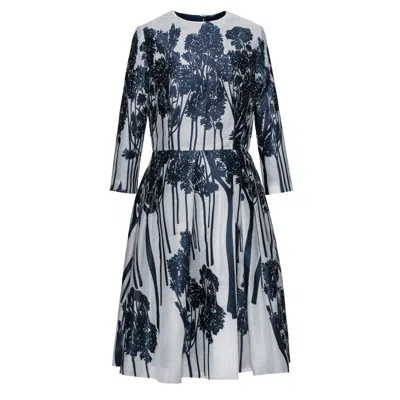 Smart And Joy Women's White Forest Pattern Jacquard Belted Dress