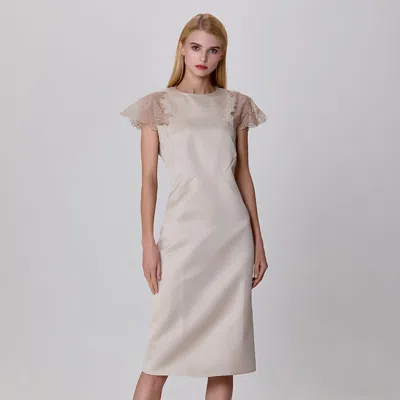 Smart And Joy Women's White Satin Shoulder Lace Inlay Dress