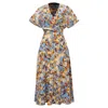 Smart And Joy Women's Wrap Midi Abstract Print Midi Dress - Yellow & Blue In Blue