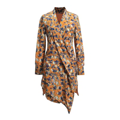 Smart And Joy Women's Yellow / Orange Draped Short Tunic - Dress In Leaves Print - Yellow & Orange In Yellow/orange
