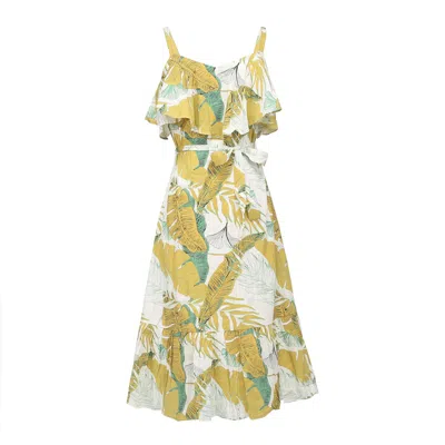 Smart And Joy Women's Yellow / Orange Tropical Printed Trapeze Dress With Ruffles And Thin Straps In Yellow/orange