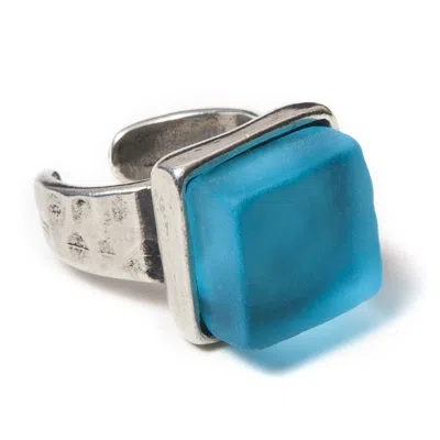 Smart Glass Jewelry Women's Blue Recycled Gin Bottle Cube Silver Ring Aqua