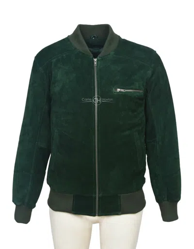 Pre-owned Smart Range 70's Mens Bomber Jacket Green Real Suede Leather Varsity Aviator Baseball Jacket
