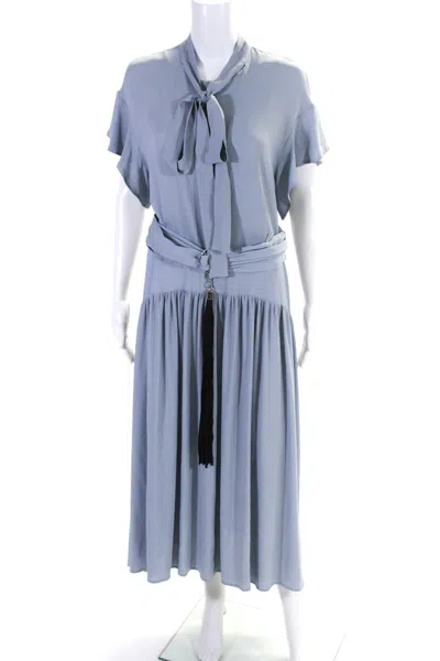 Smarteez Womens V-neck Short Sleeve Button Tassel Tied Belted Dress Blue