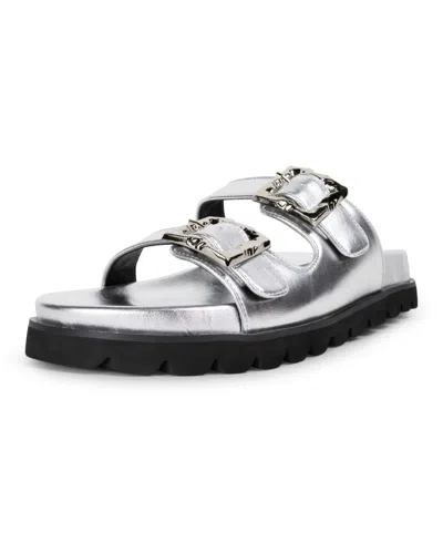 Smash Shoes Smash Women's Kaia Double Band Buckle Sporty Flatform Footbed Slide Sandals In Silver