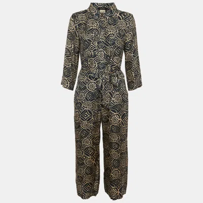 Pre-owned S'max Mara Beige/teal Geometric Print Satin Collar Jumpsuit M In Sand