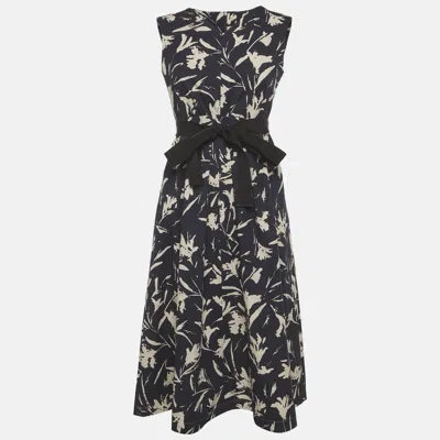 Pre-owned S'max Mara Navy Blue Floral Print Gabardine Flared Dress M