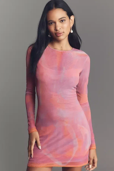 Sæmdi Long-sleeve Crew-neck Mesh Mini Dress In Pink