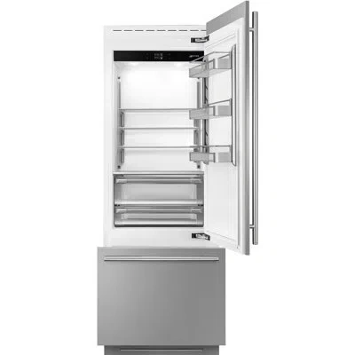 Smeg 30" Bottom-mount Refrigerator, Auto Ice Maker W/handles, Dual Evaporators And Inverter Compressors,  In Silver;white